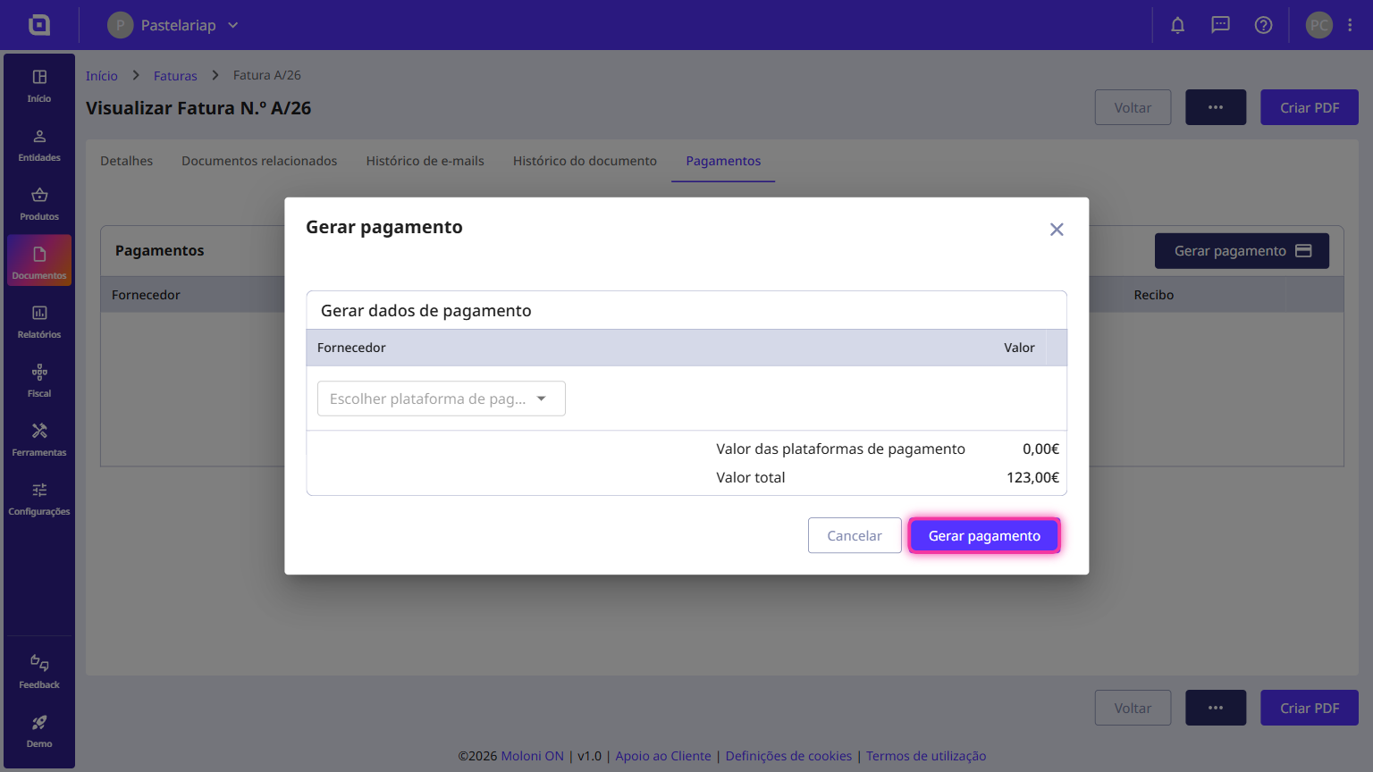 Modal Gerar pagamento com o botão Gerar pagamento destacado