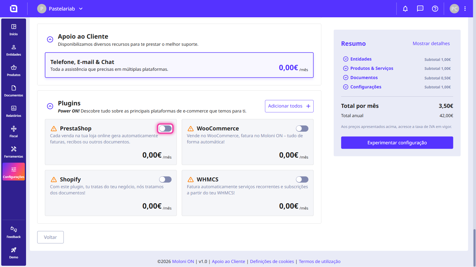 Secção Plugins com os quatro cartões PrestaShop, WooCommerce, Shopify e WHMCS, e o interruptor do PrestaShop em destaque