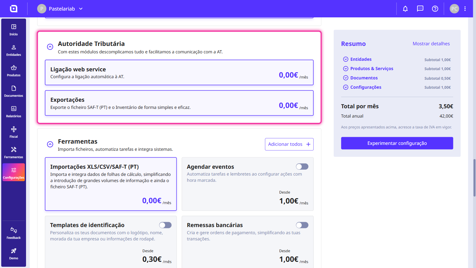 Secção Autoridade Tributária em destaque com os módulos Ligação web service e Exportações