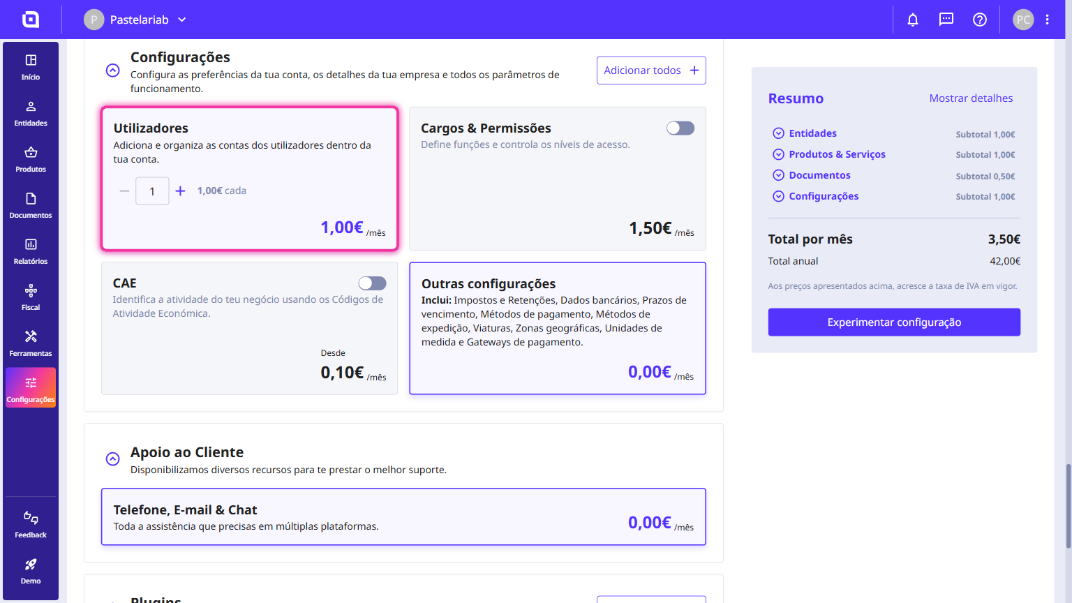 Secção Configurações com o cartão Utilizadores em destaque e o contador de utilizadores