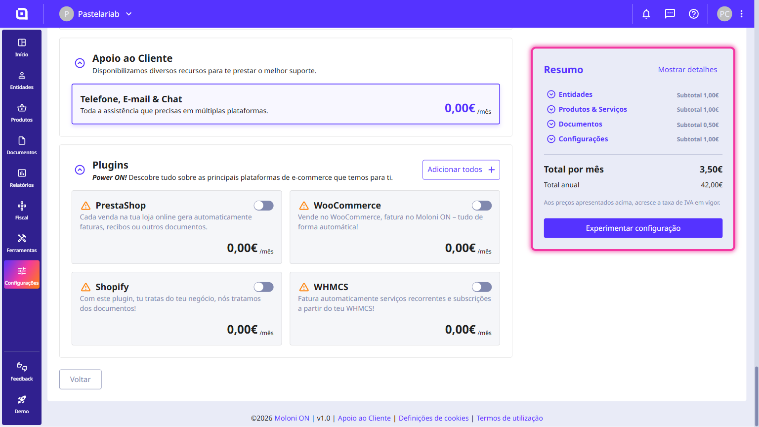 Painel Resumo em destaque com os subtotais por secção e os totais mensal e anual