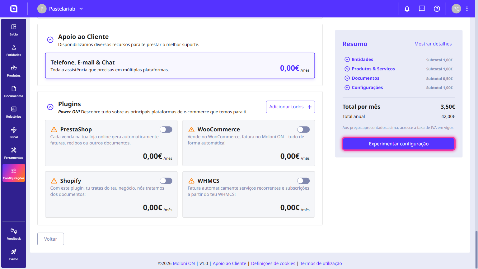 Painel Resumo com o botão Experimentar configuração em destaque