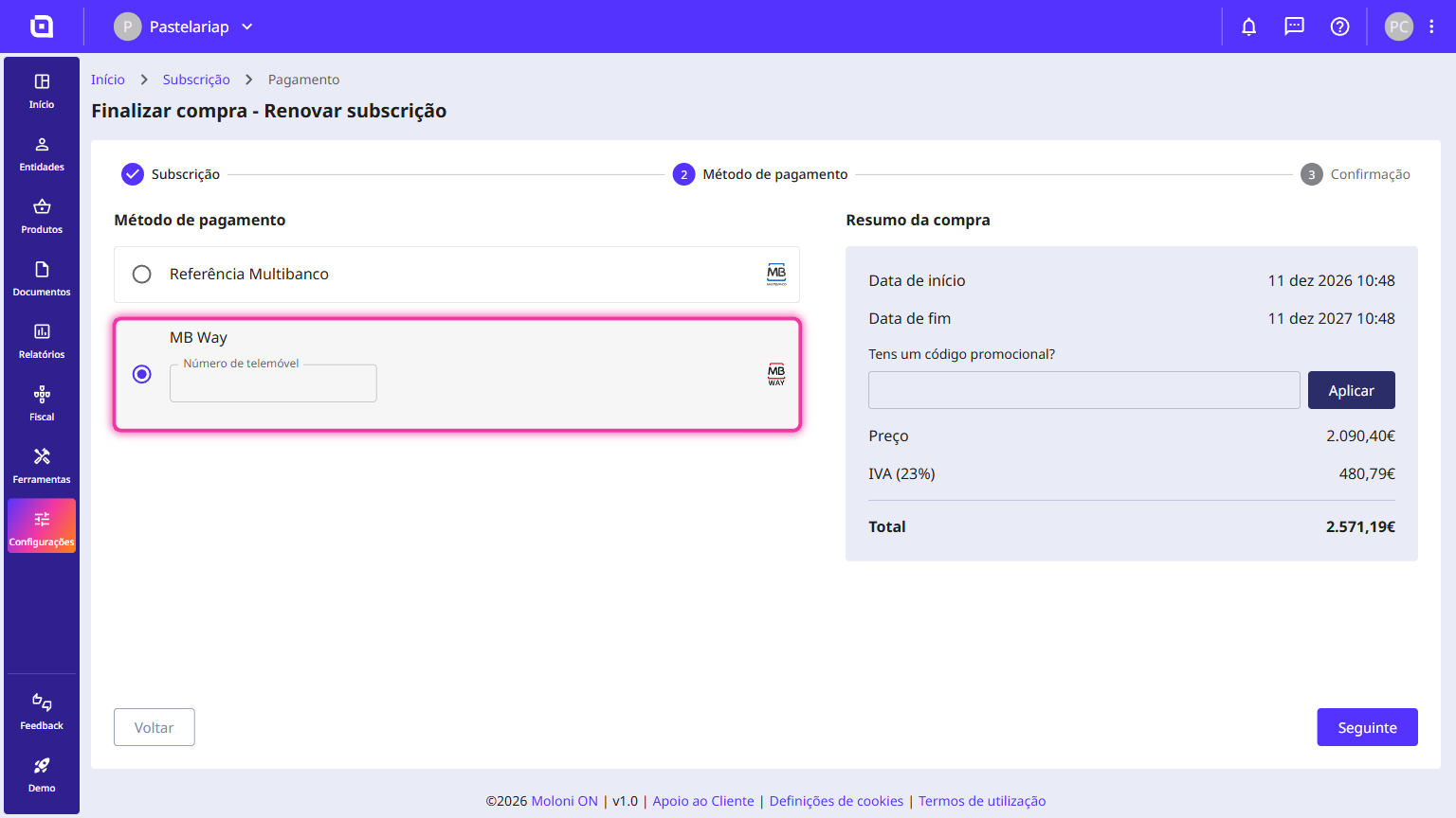 Ecrã de escolha do método de pagamento com a opção MB Way selecionada em destaque