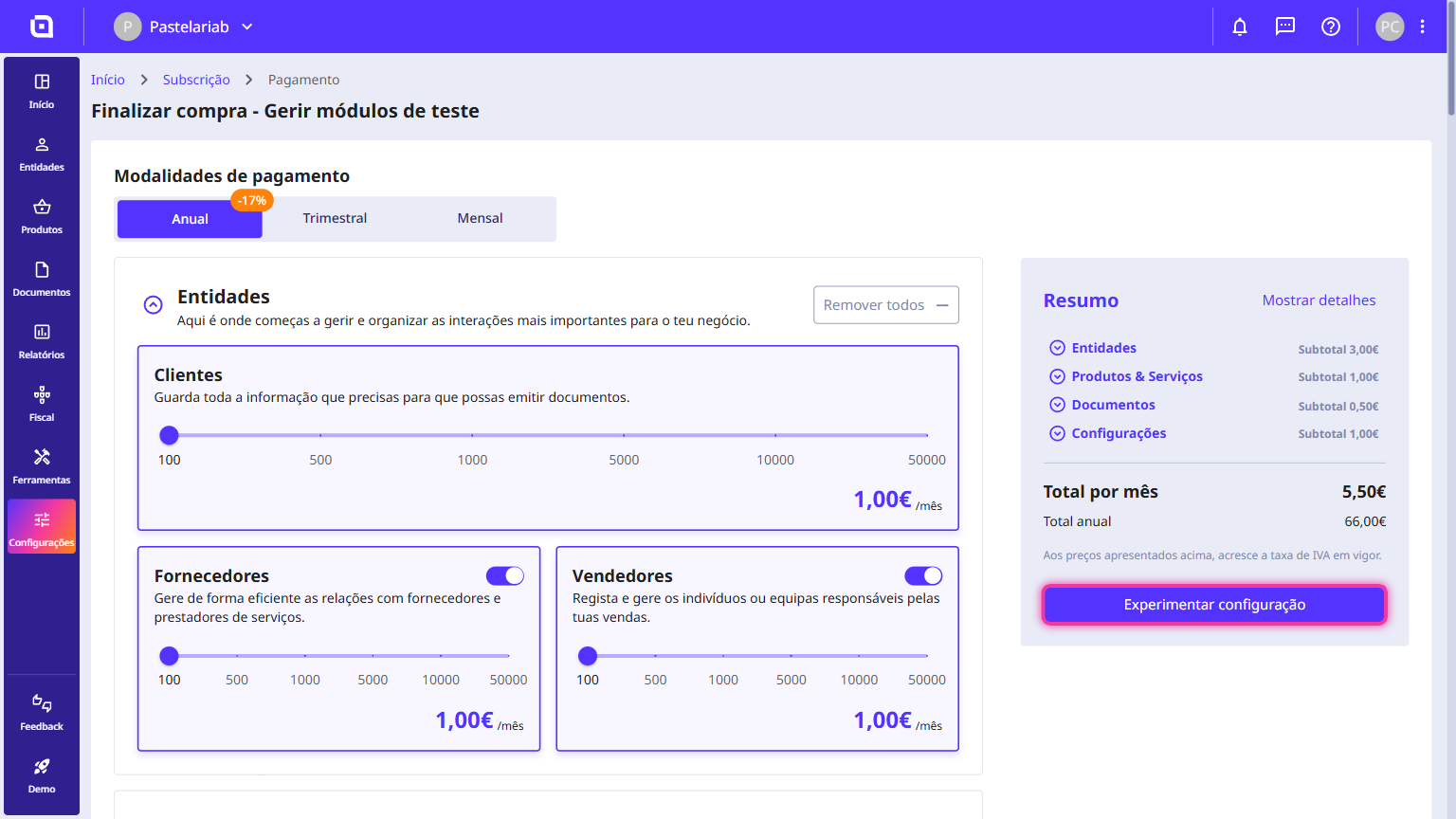 Configurador com os módulos Fornecedores e Vendedores ativados, o Resumo atualizado e o botão Experimentar configuração em destaque