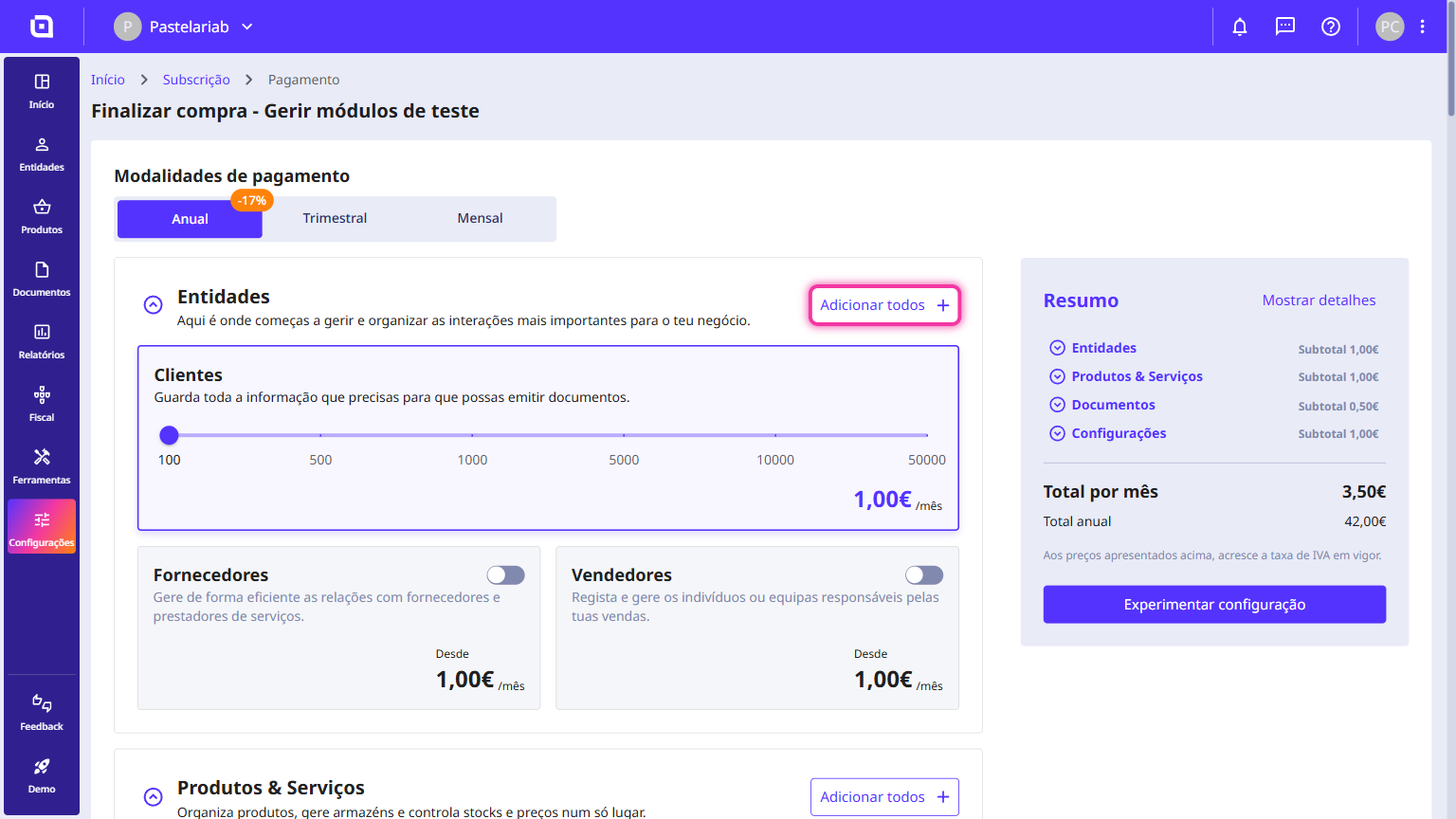 Configurador do Moloni ON com o botão Adicionar todos da secção Entidades em destaque