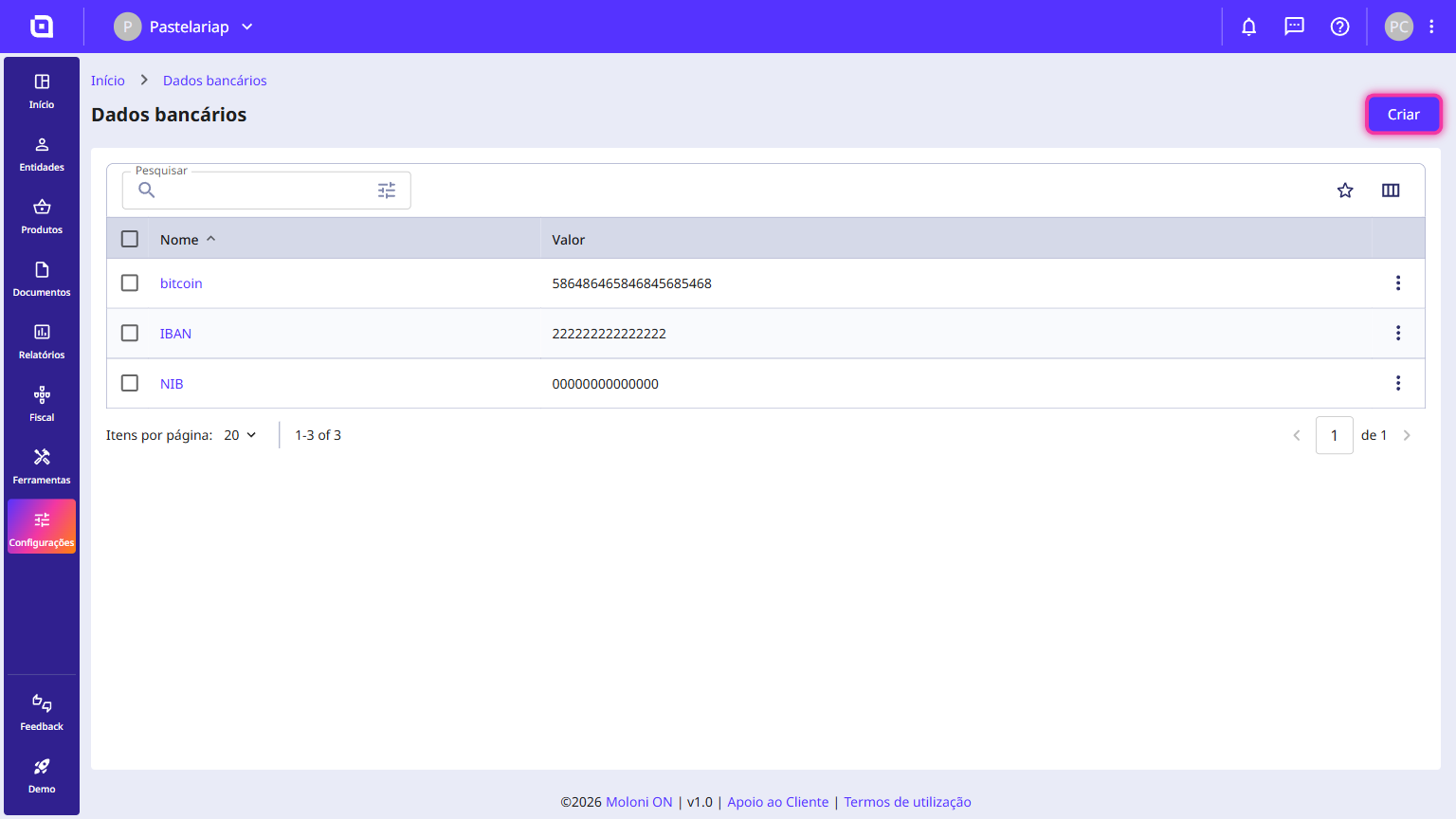 Moloni ON bank details list screen with the Create button highlighted in the top right corner