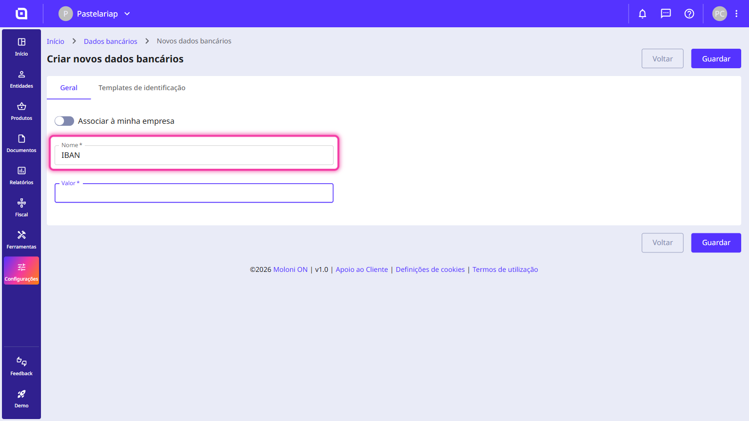 Bank details creation form with the Name field filled in with IBAN and highlighted