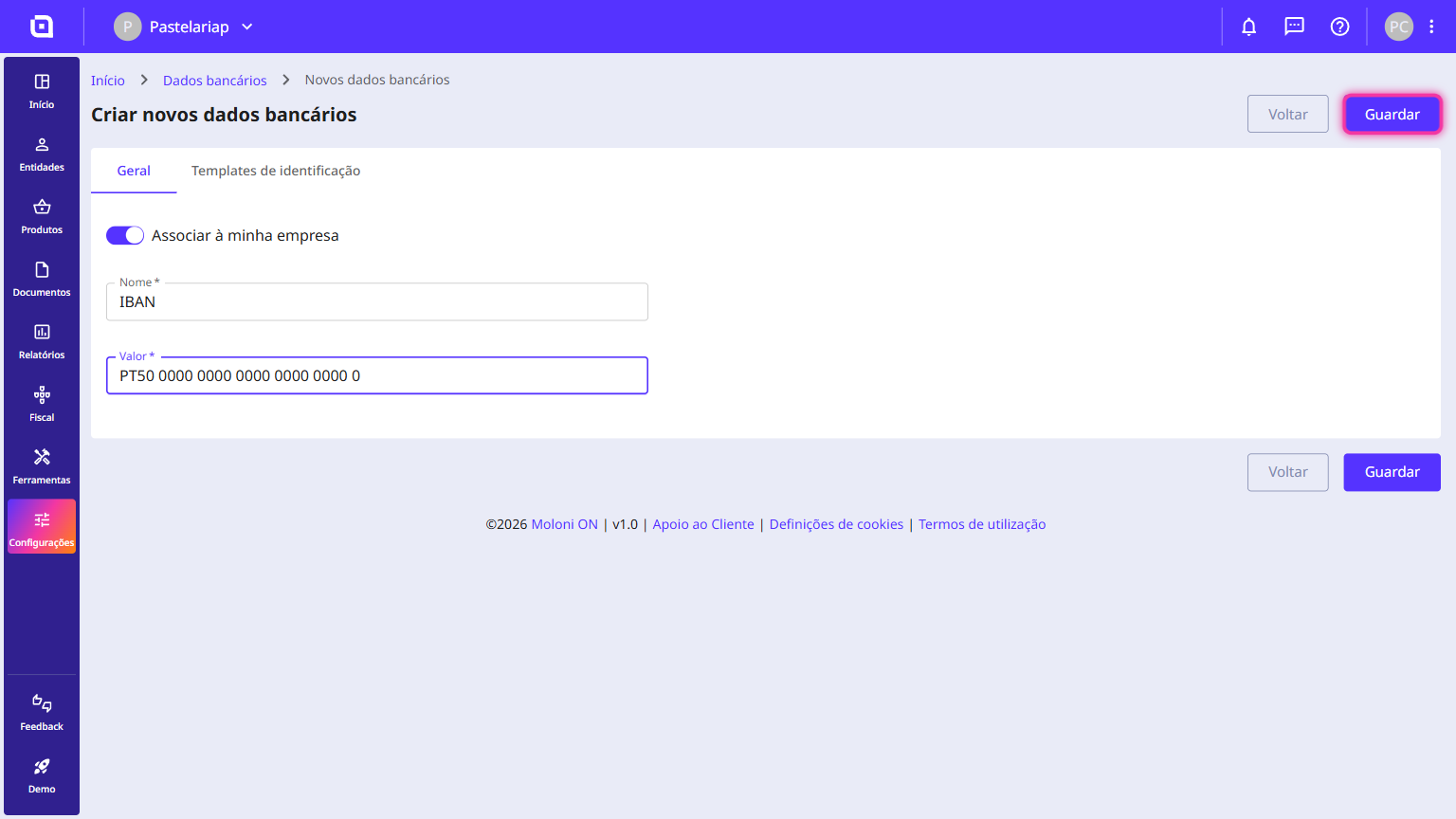 Bank details creation form with the Save button highlighted in the top right corner