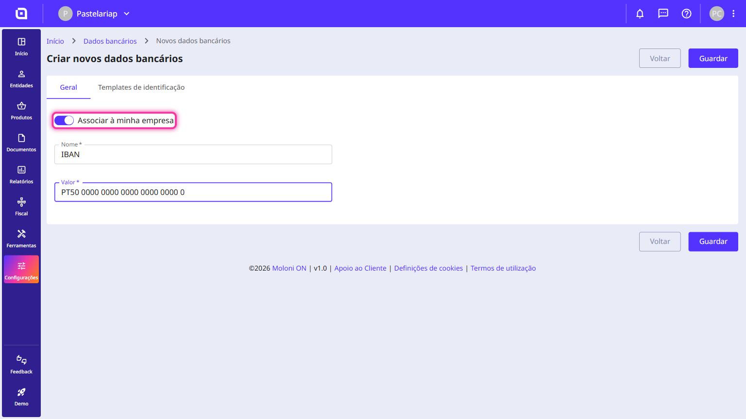Bank details creation form with the Associate with my company option turned on and highlighted