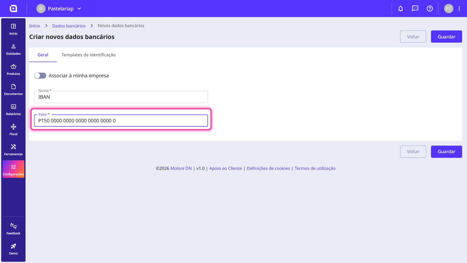 Bank details creation form with the Value field filled in with a sample IBAN and highlighted