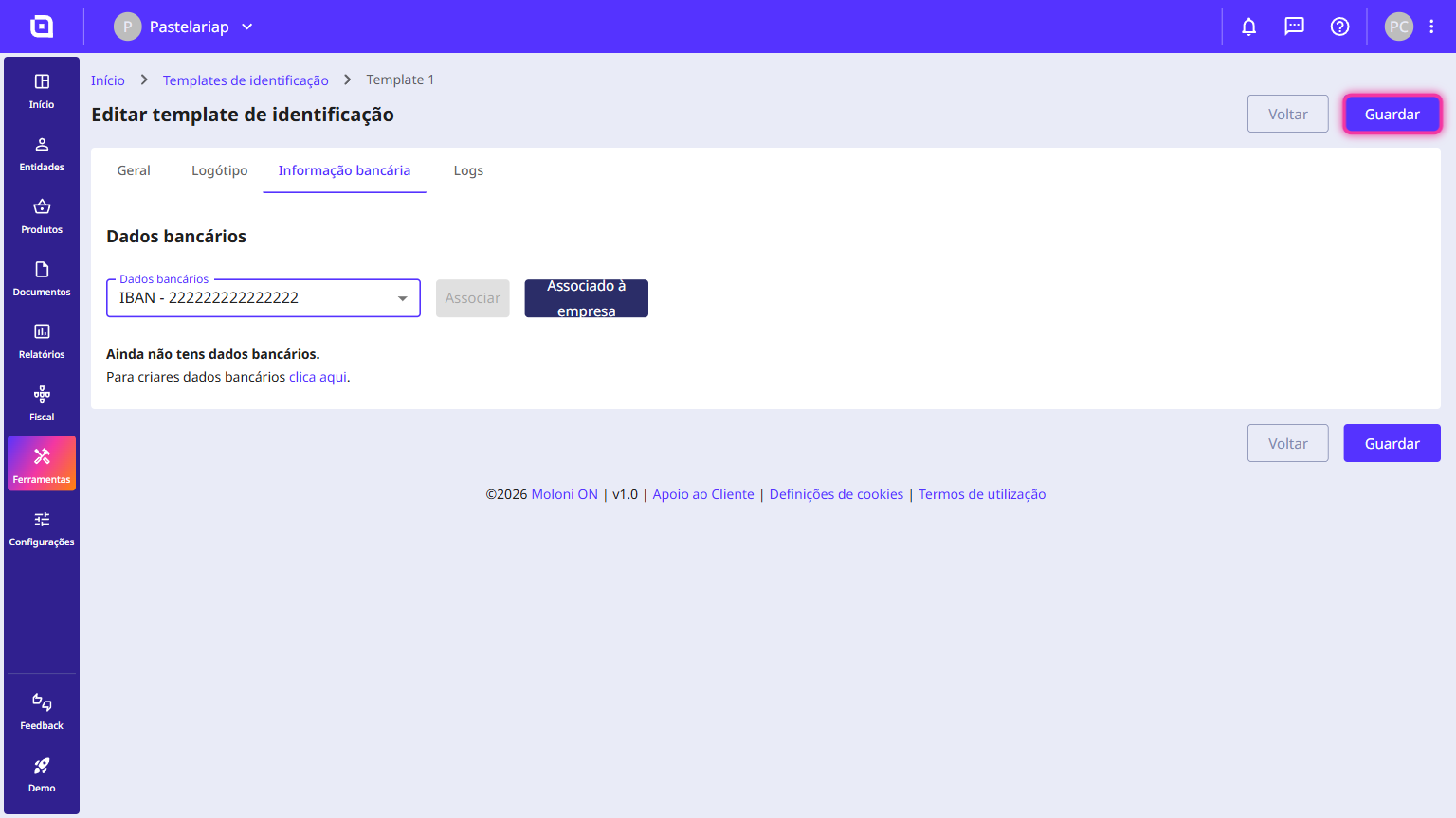 Identity template edit form with the Save button highlighted in the top right corner