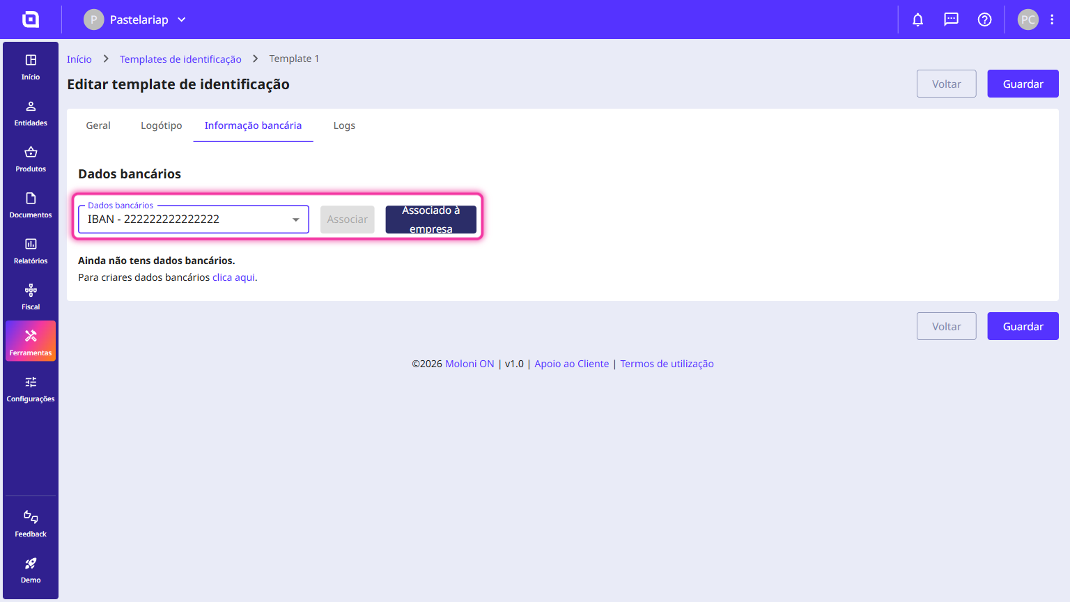 Banking information tab with the Bank details field filled in and the Associate and Associated with company buttons highlighted