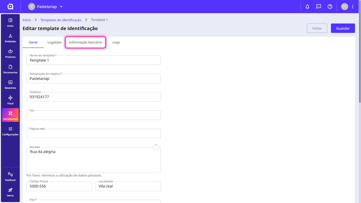 Identity template edit form with the Banking information tab highlighted
