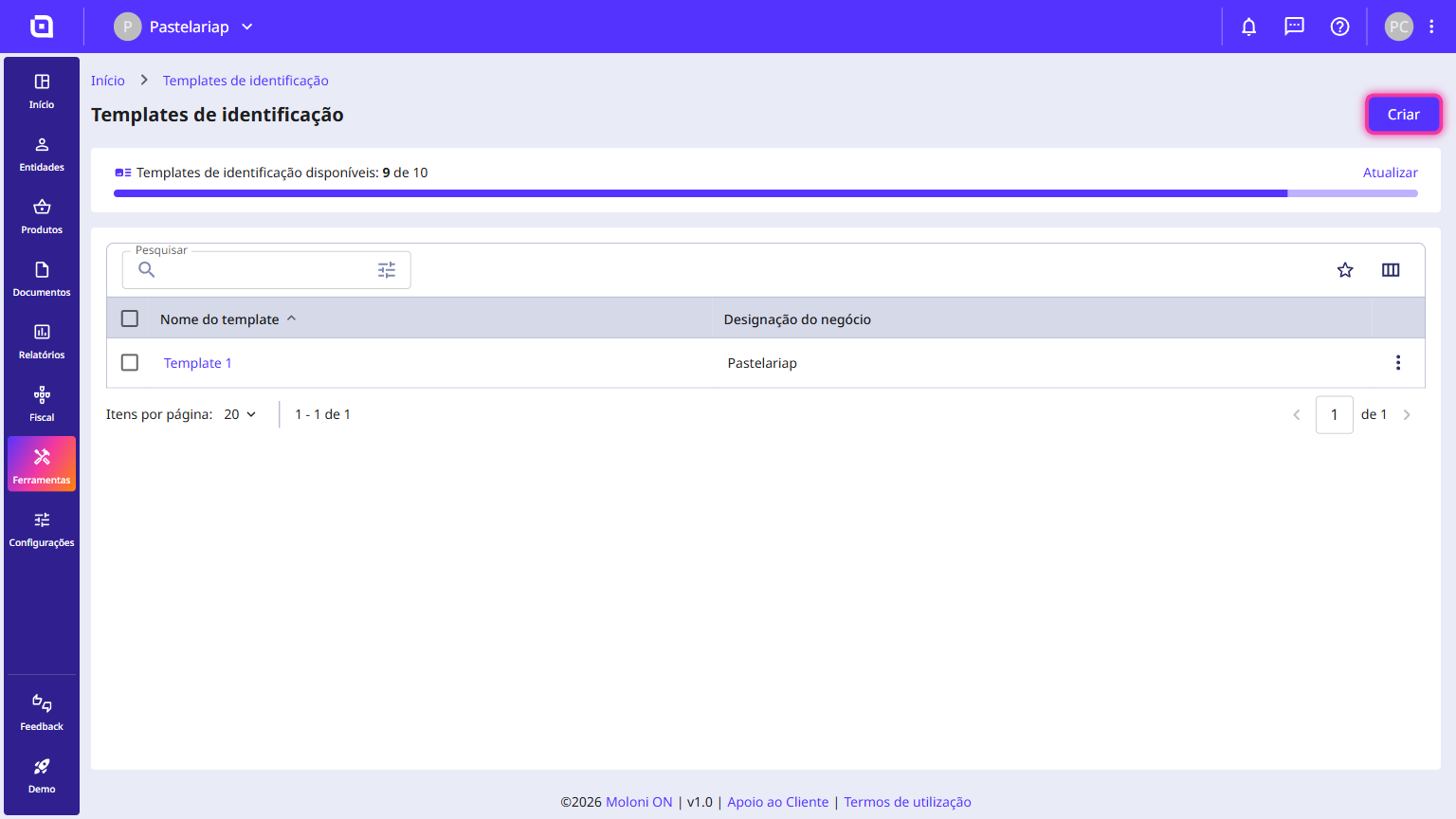 Identity templates list screen with the Create button highlighted in the top right corner