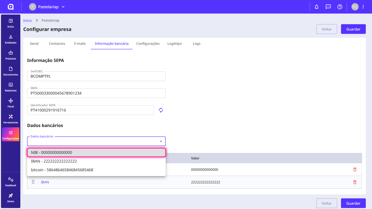 Bank details field drop-down open with the NIB account highlighted