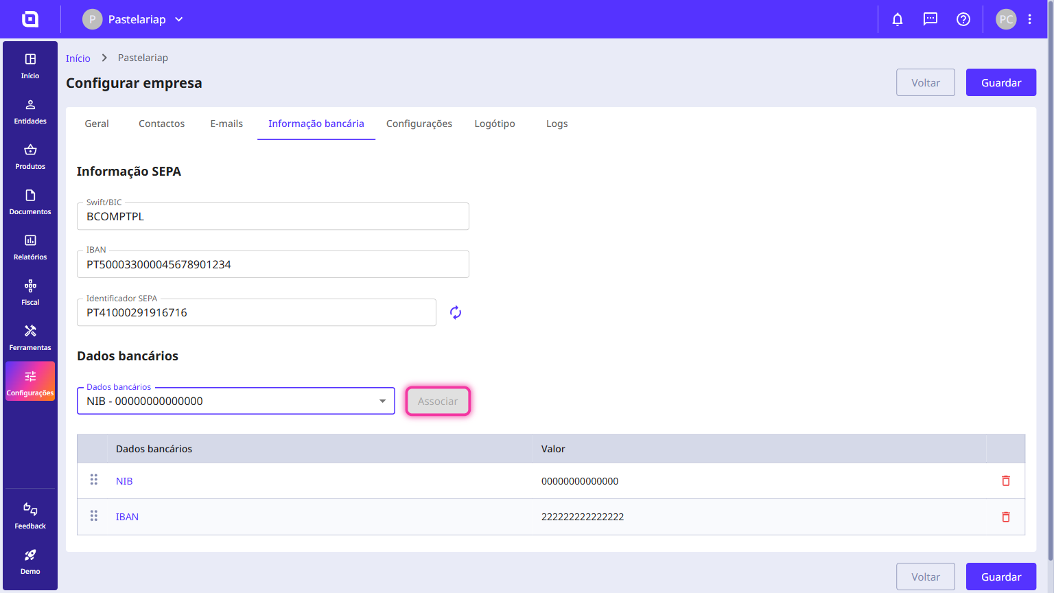 Company Banking information tab with the Associate button highlighted next to the Bank details field