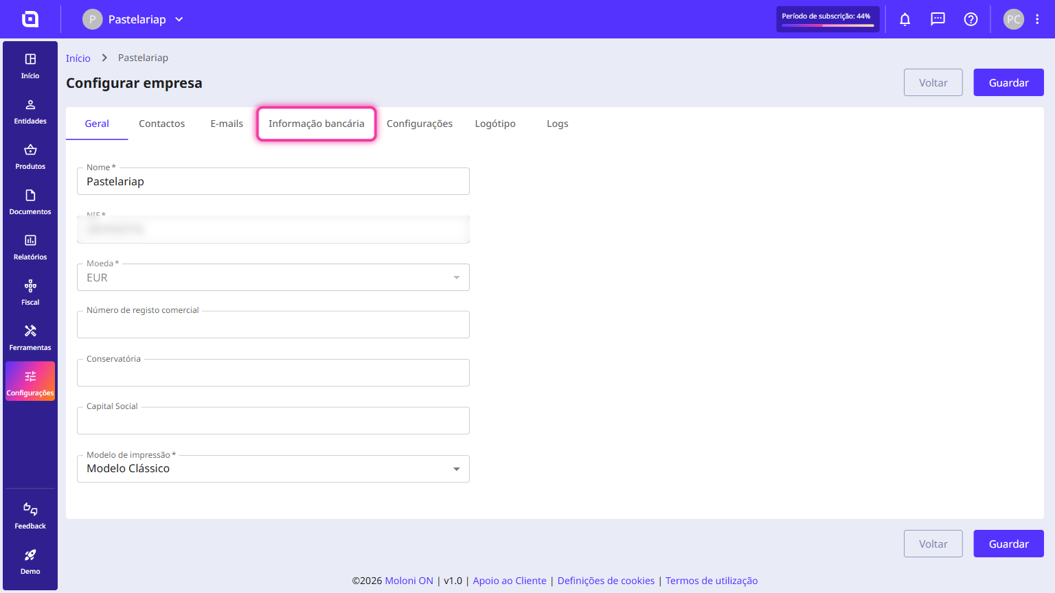 Company settings page with the Banking information tab highlighted