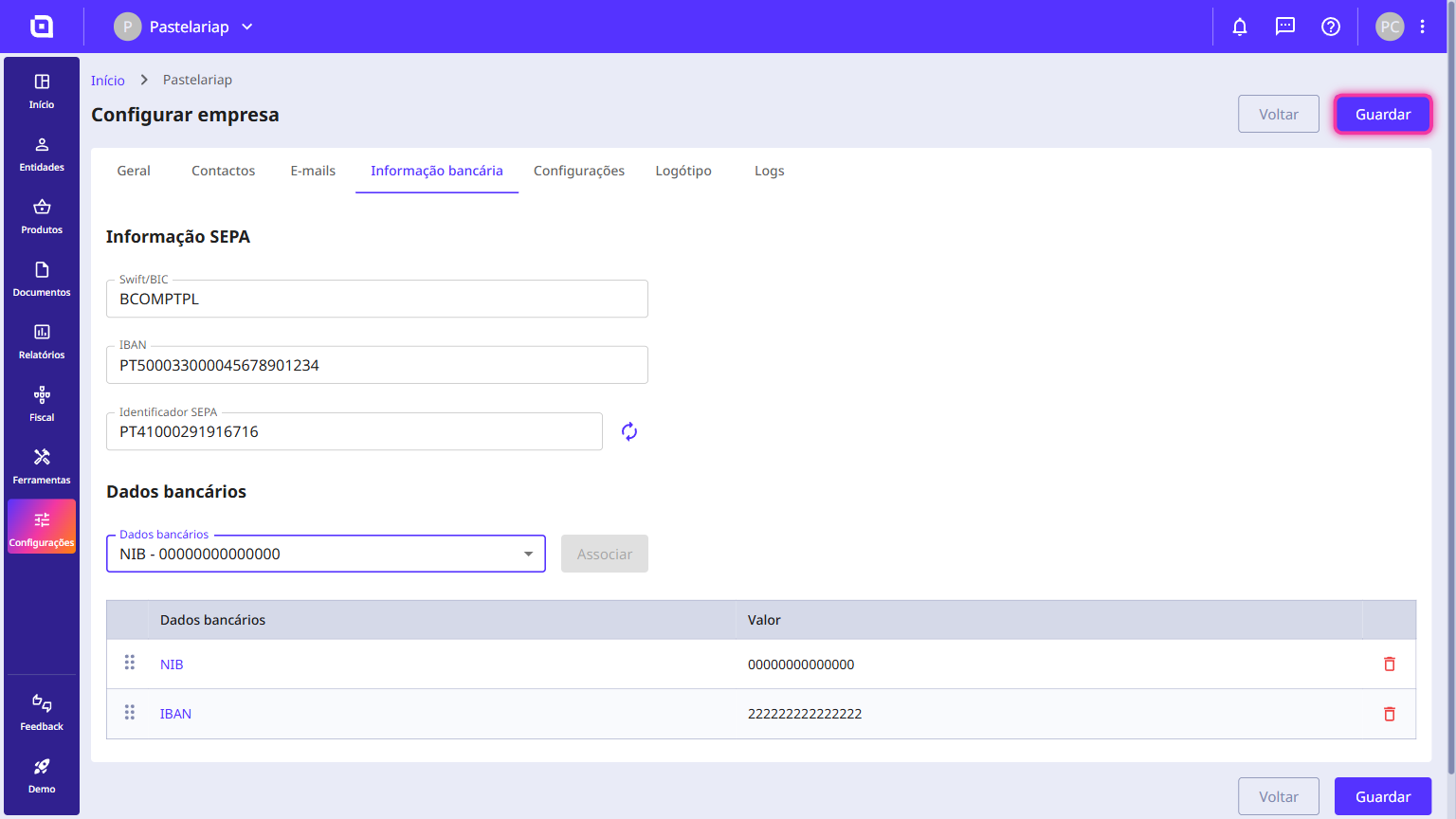 Company settings page with the Save button highlighted in the top right corner