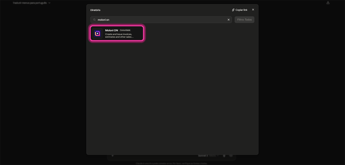 Search results for Moloni ON with the Moloni ON connector highlighted