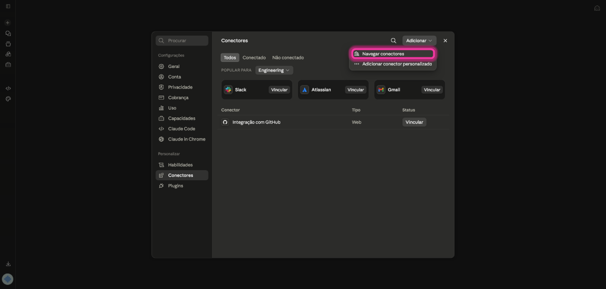 Menu of the Add button open with the Browse connectors option highlighted