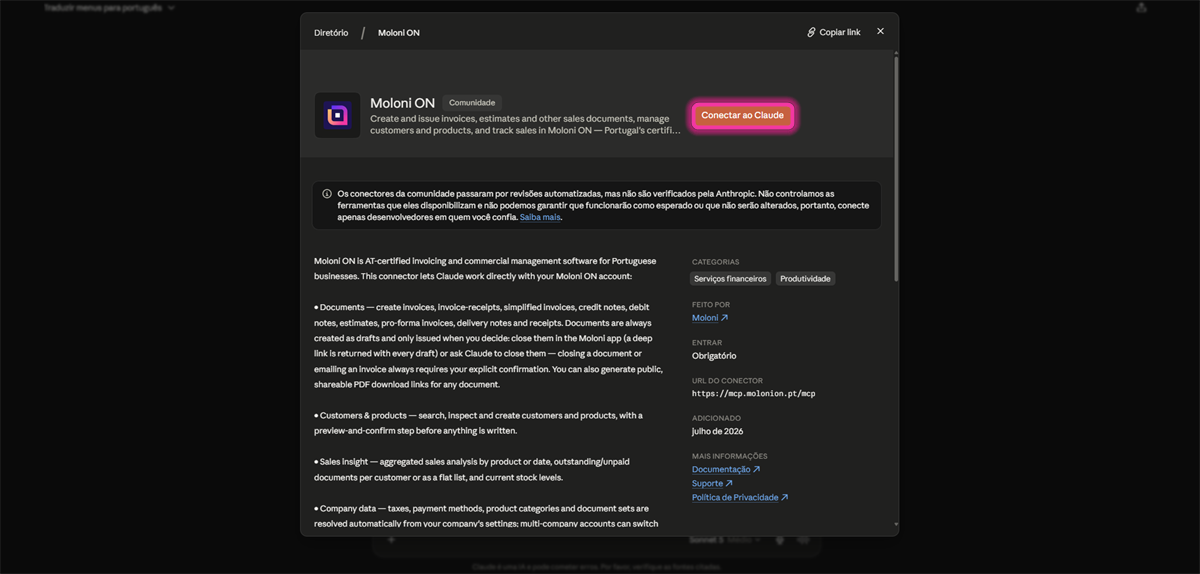 Moloni ON connector page with the Connect to Claude button highlighted