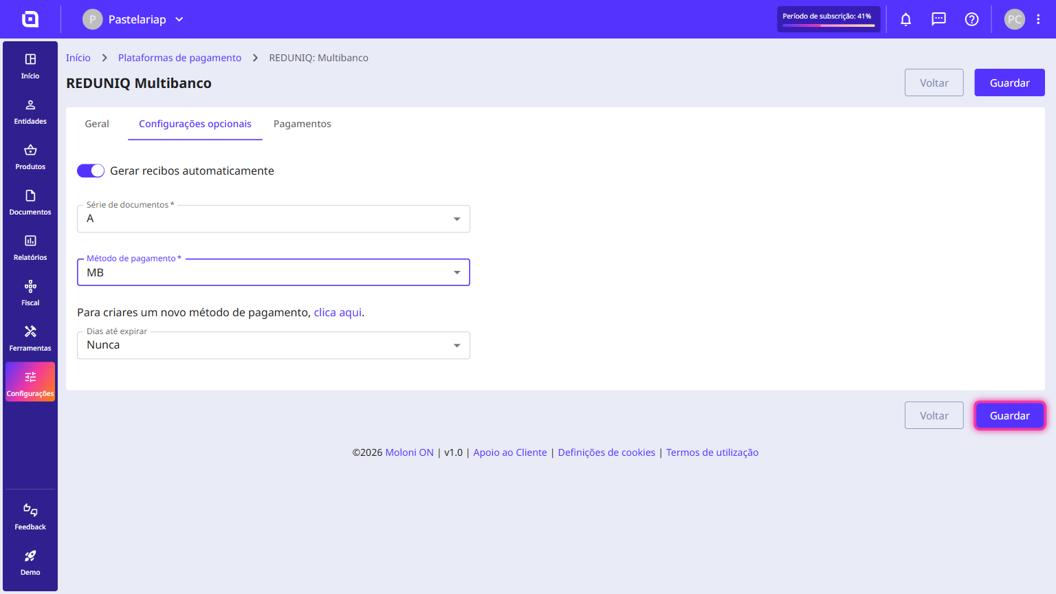 Configurações opcionais preenchidas com o botão Guardar destacado no canto inferior direito