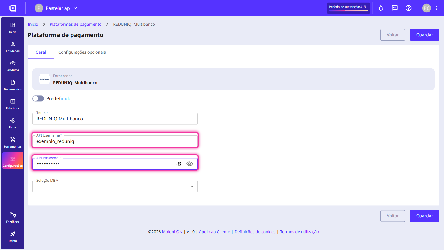 Campos API Username e API Password preenchidos e destacados no formulário da plataforma de pagamento