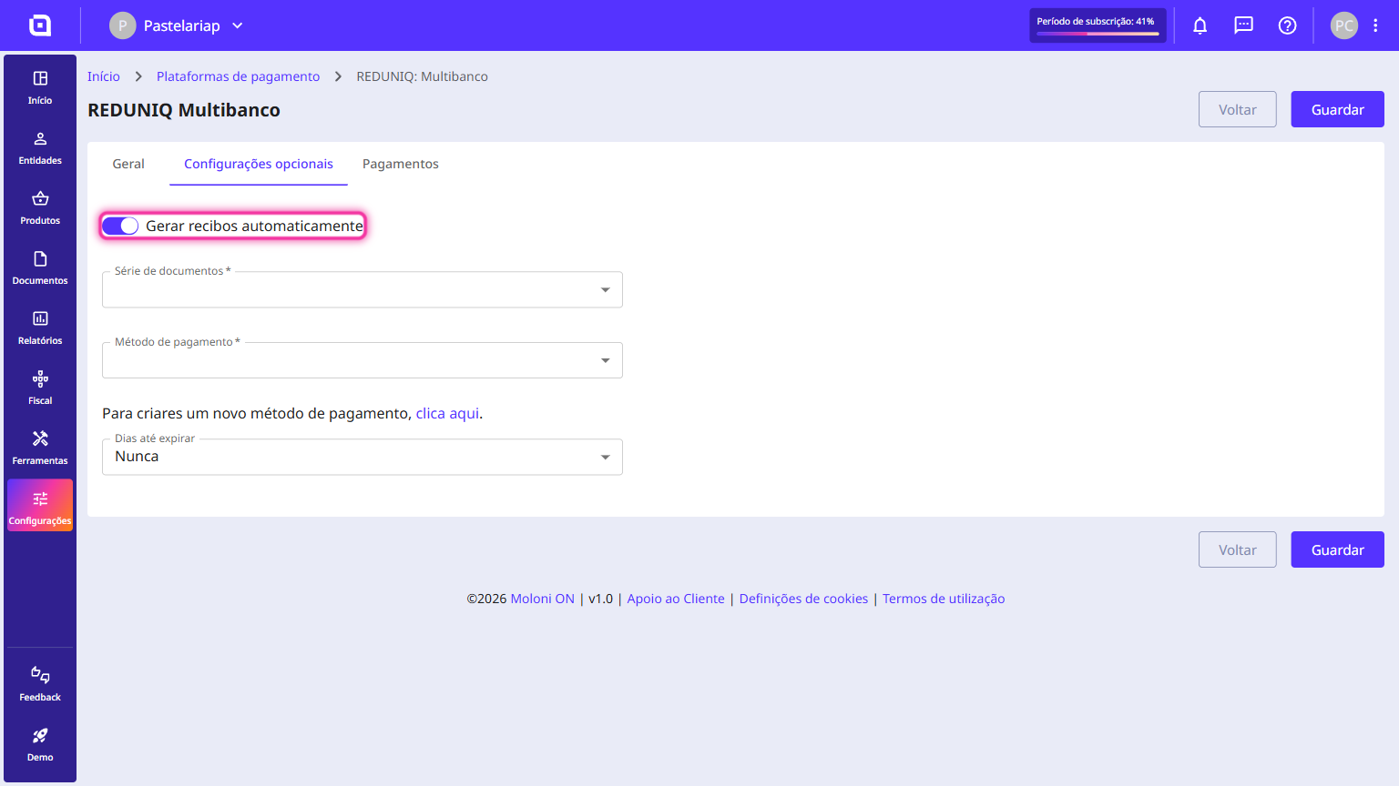 Opção Gerar recibos automaticamente ativa e destacada nas Configurações opcionais