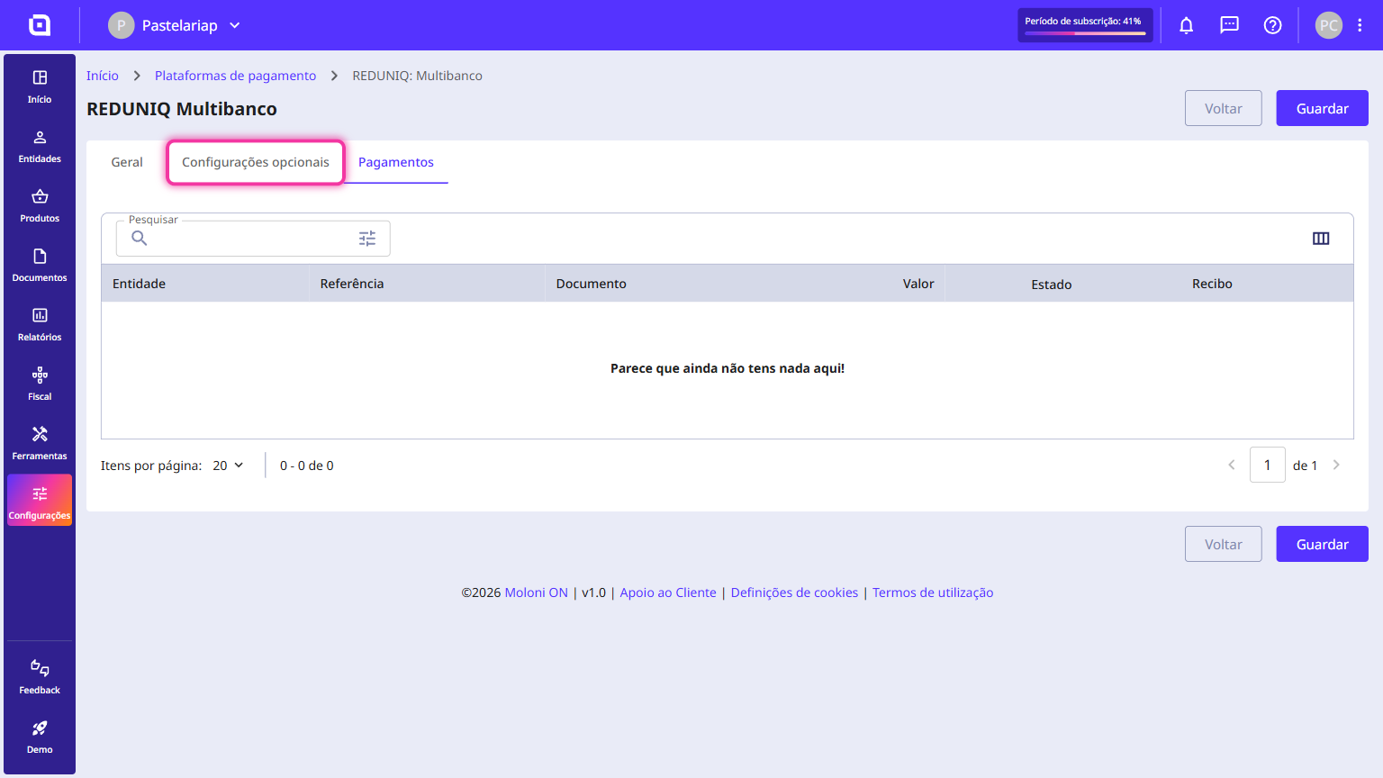 Separador Configurações opcionais destacado no topo do ecrã da plataforma de pagamento