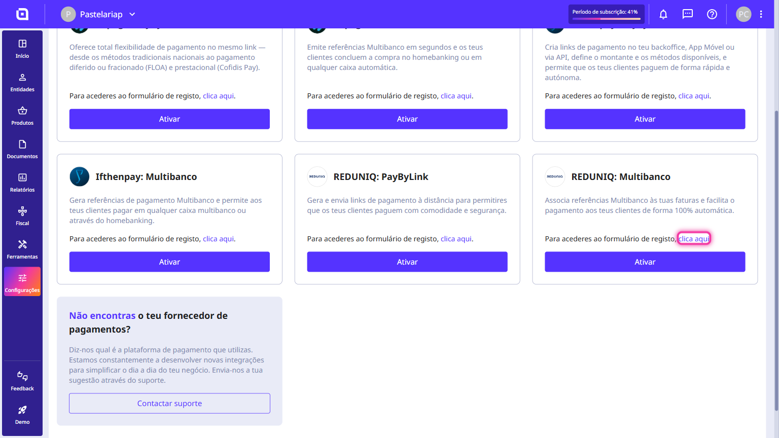 Cartão do REDUNIQ: Multibanco em Plataformas disponíveis com o link do formulário de adesão destacado