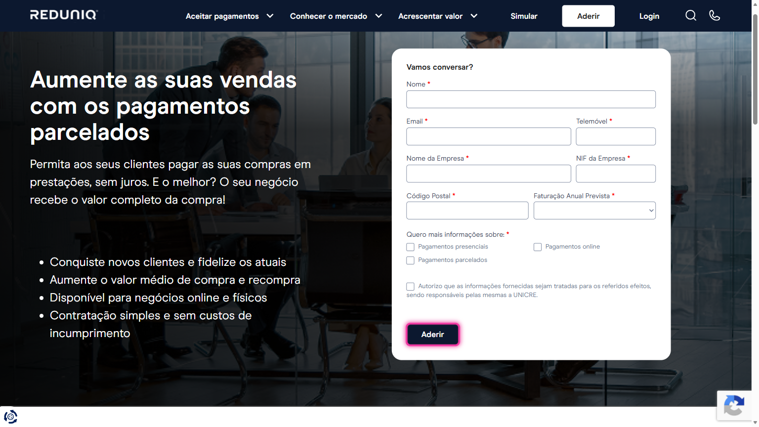 Formulário de adesão no site da REDUNIQ com o botão Aderir destacado