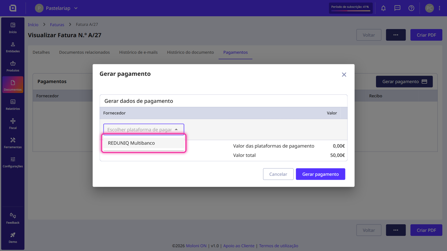 Janela Gerar pagamento com a lista de plataformas de pagamento aberta