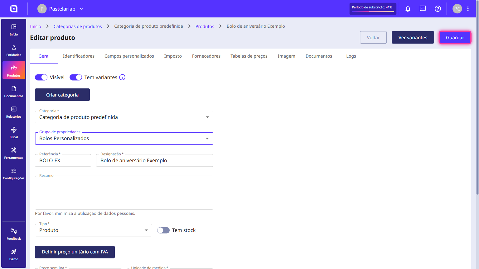 Ficha do produto com o botão Guardar destacado no canto superior direito