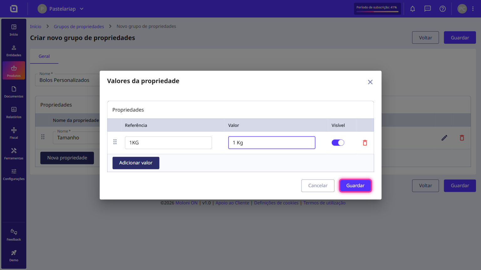 Janela Valores da propriedade com o botão Guardar destacado