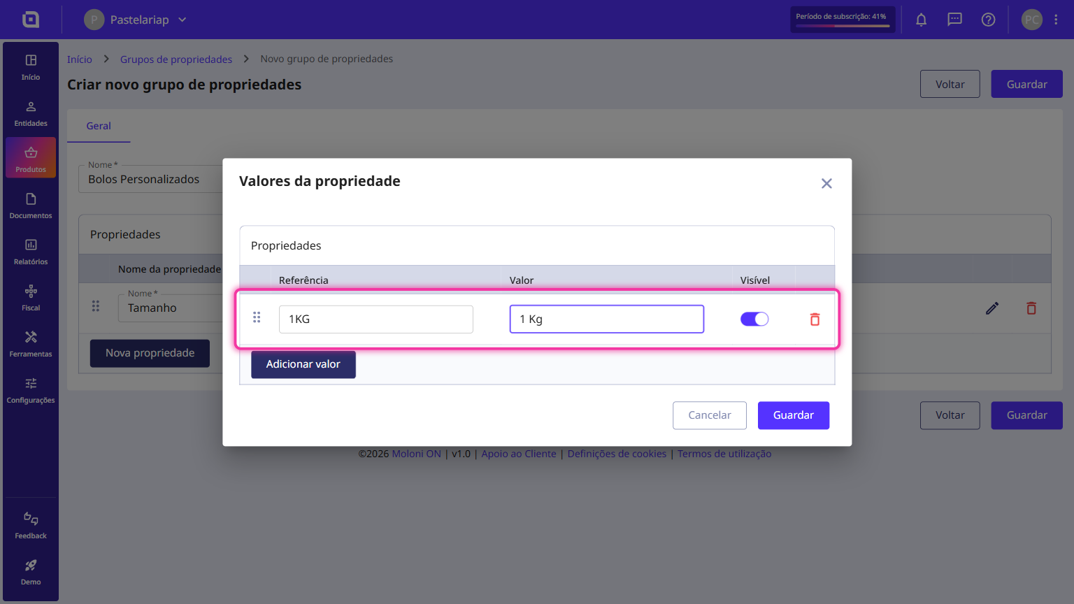 Janela Valores da propriedade com a linha de valor preenchida e destacada
