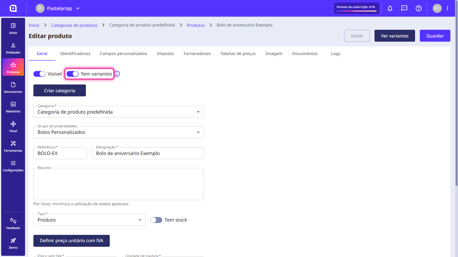 Separador Geral da ficha do produto com o interruptor Tem variantes ativo e destacado