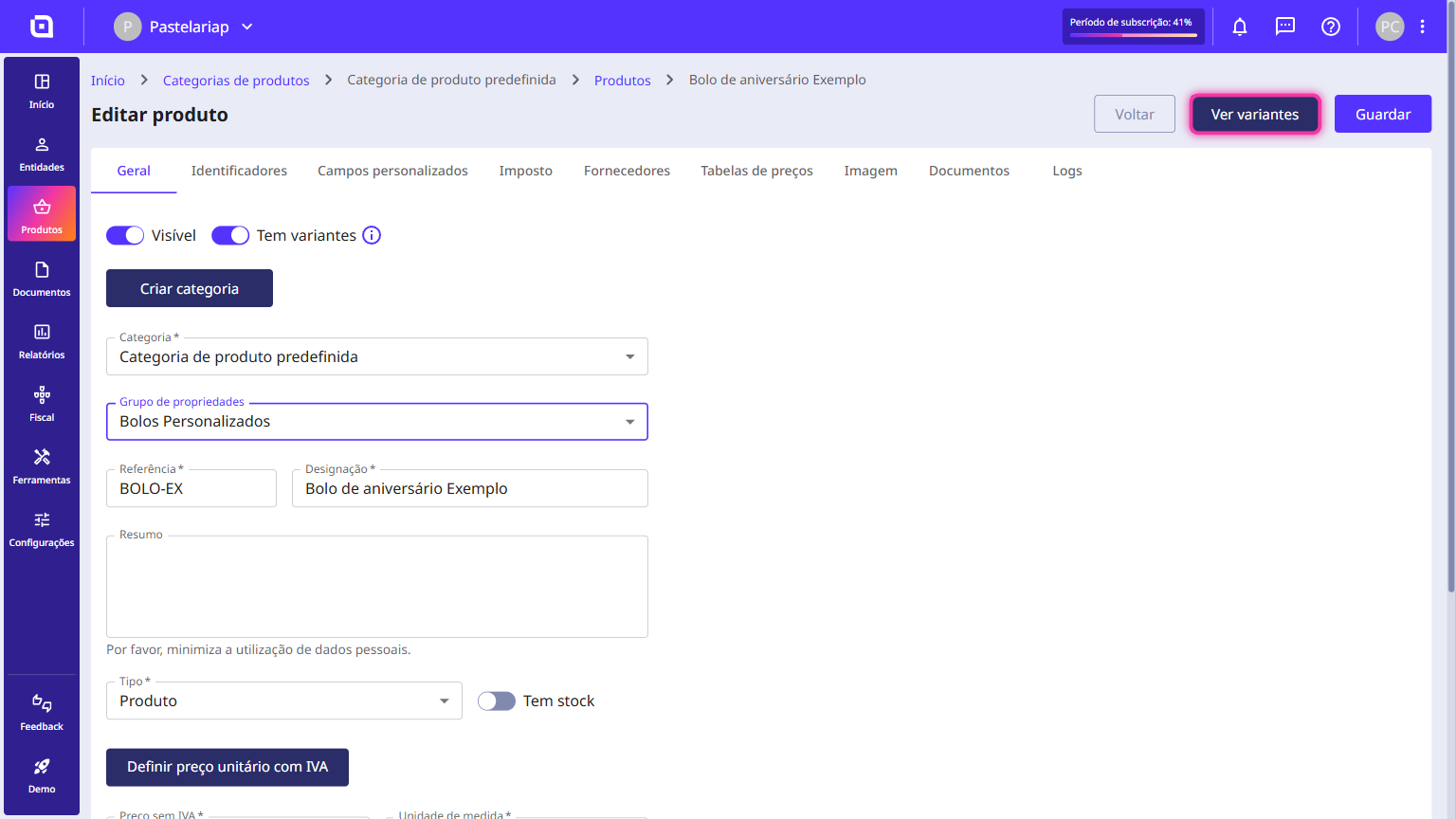 Ficha do produto com o botão Ver variantes destacado no topo