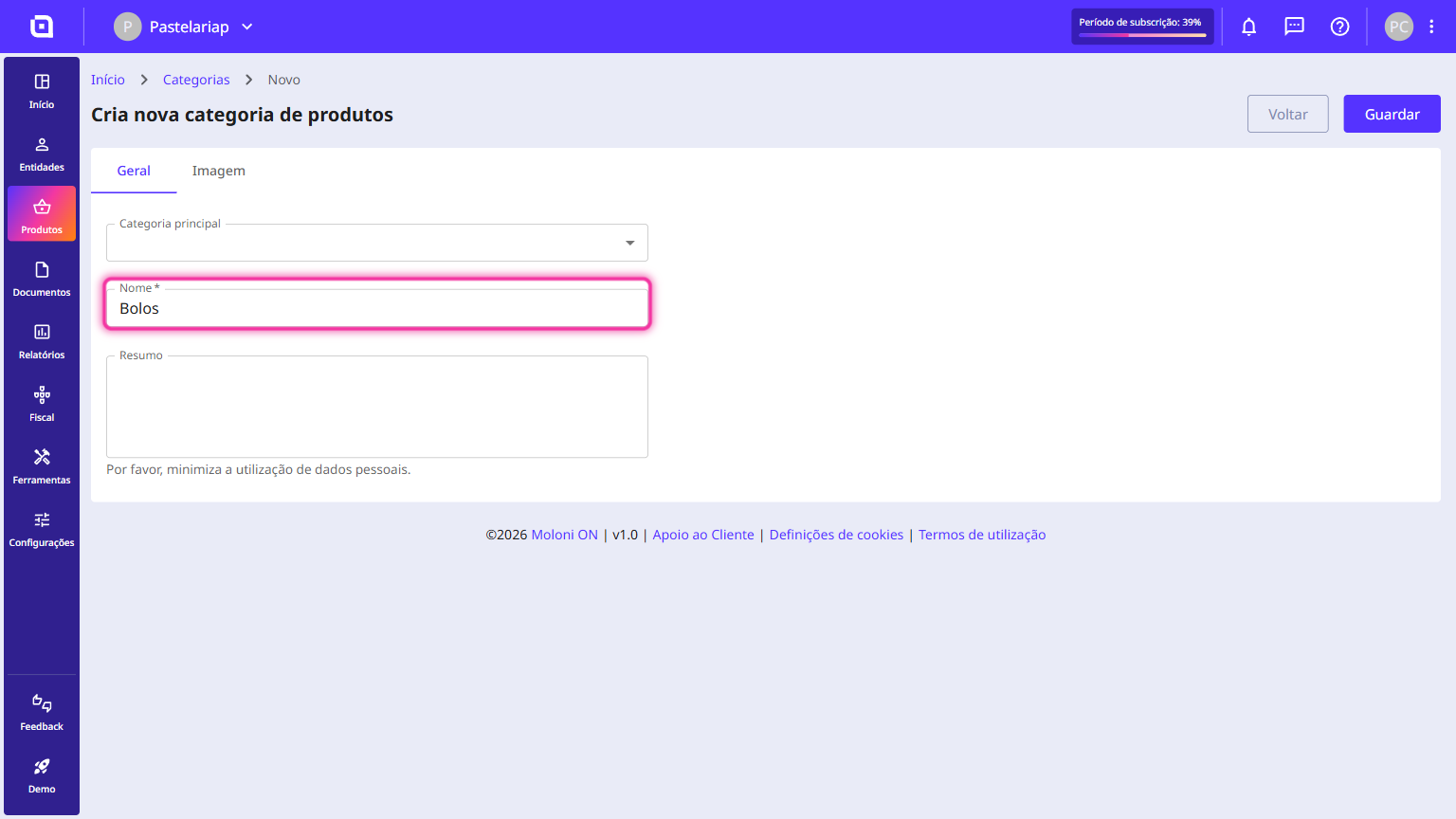 Category form with the Name field filled in and highlighted
