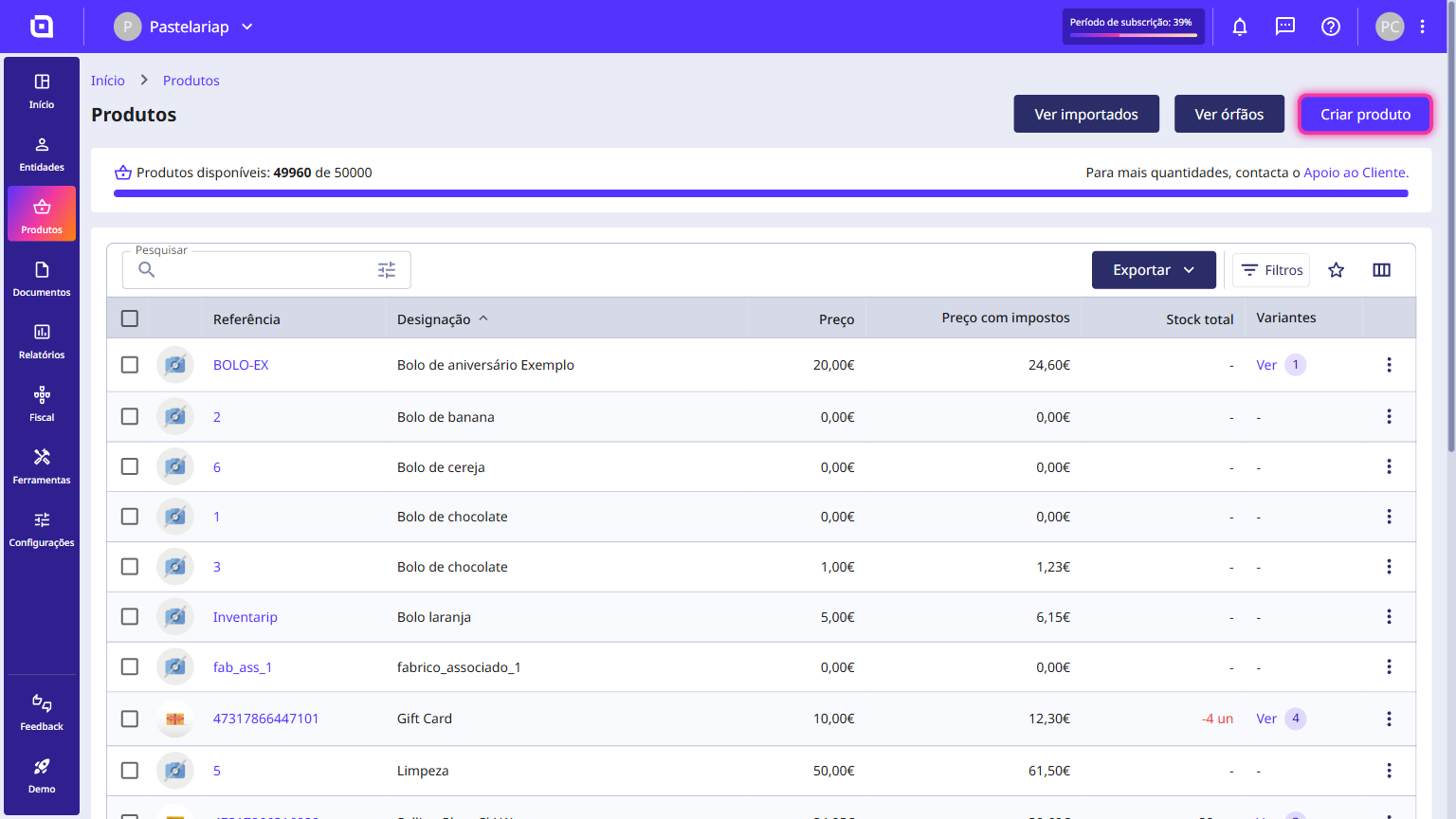Product listing with the Create product button highlighted in the top right corner