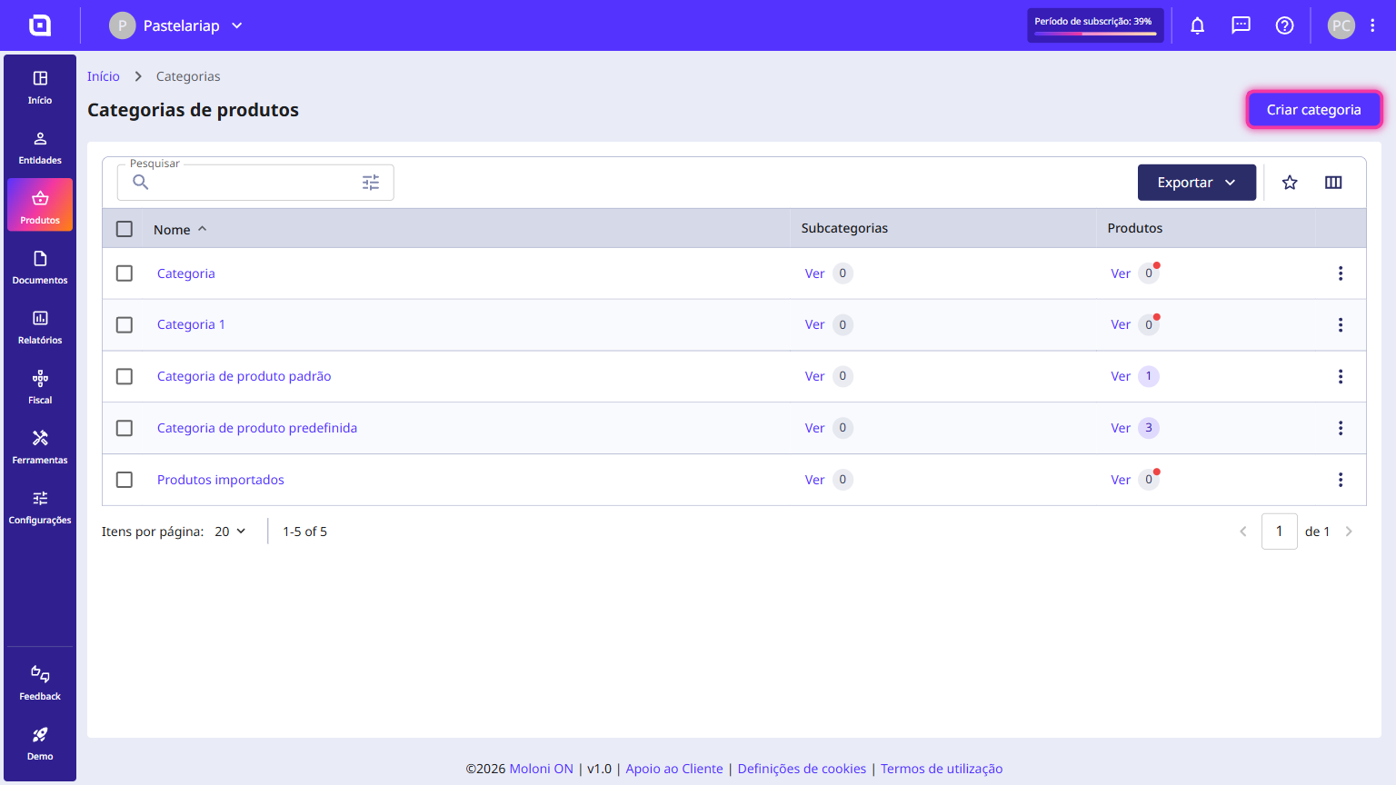 Product categories page with the Create category button highlighted in the top right corner