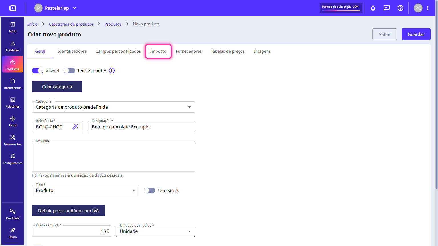 Product form with the Tax tab highlighted