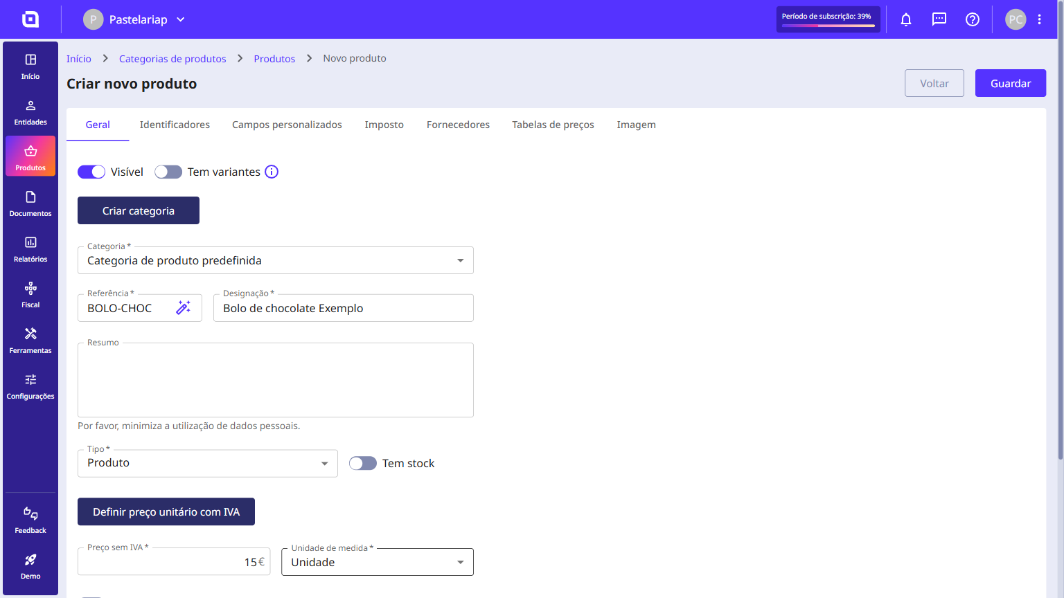 Create new product form with the product details filled in