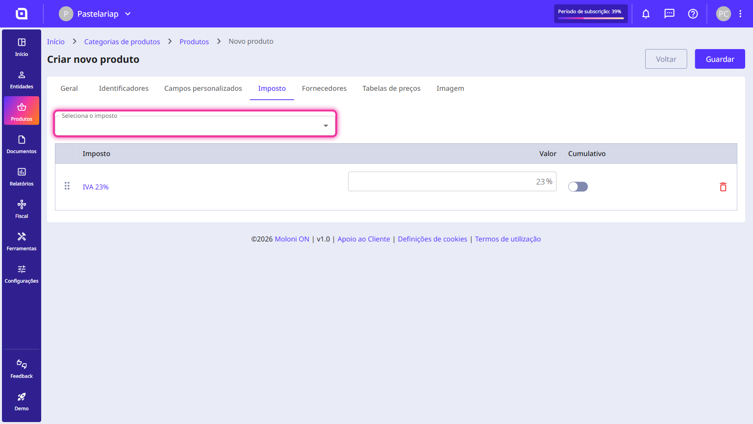 Tax tab with the Select tax field highlighted