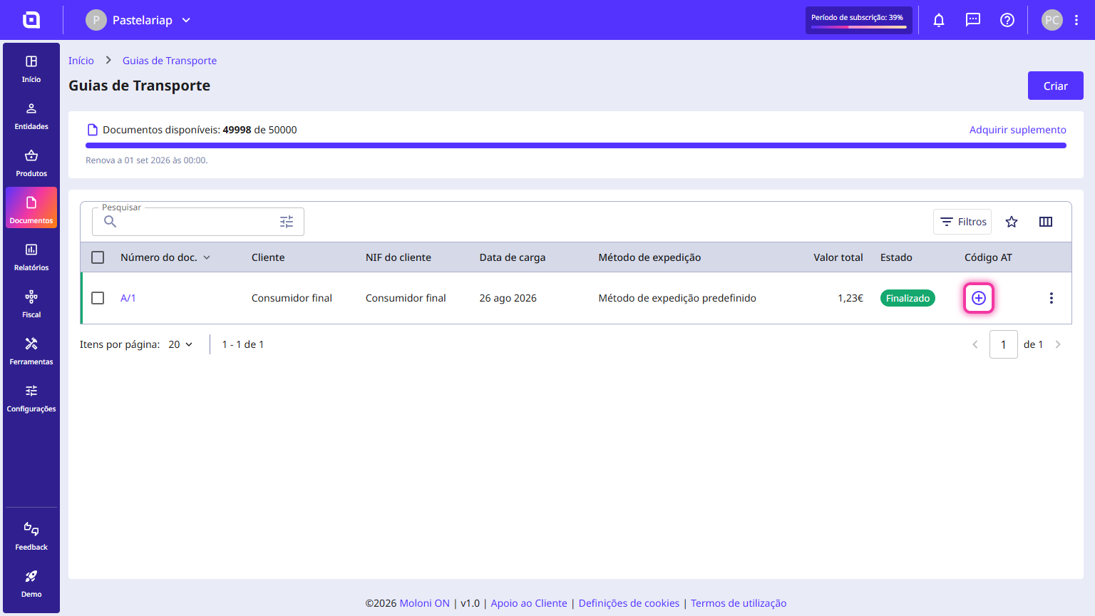 Moloni ON transport notes list with the (+) button in the TA code column highlighted