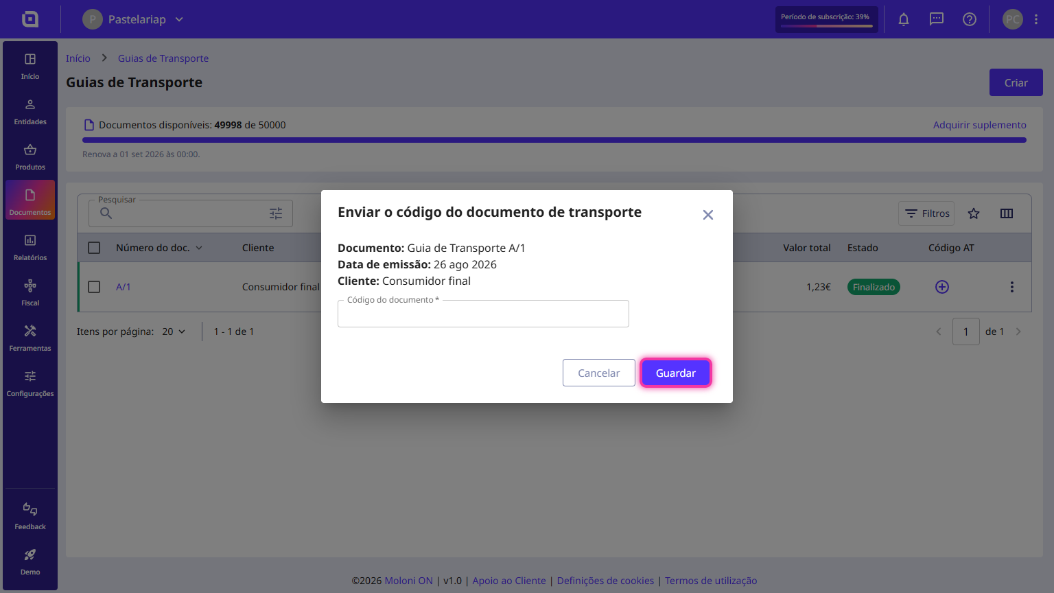 Send the transport document code window with the Save button highlighted