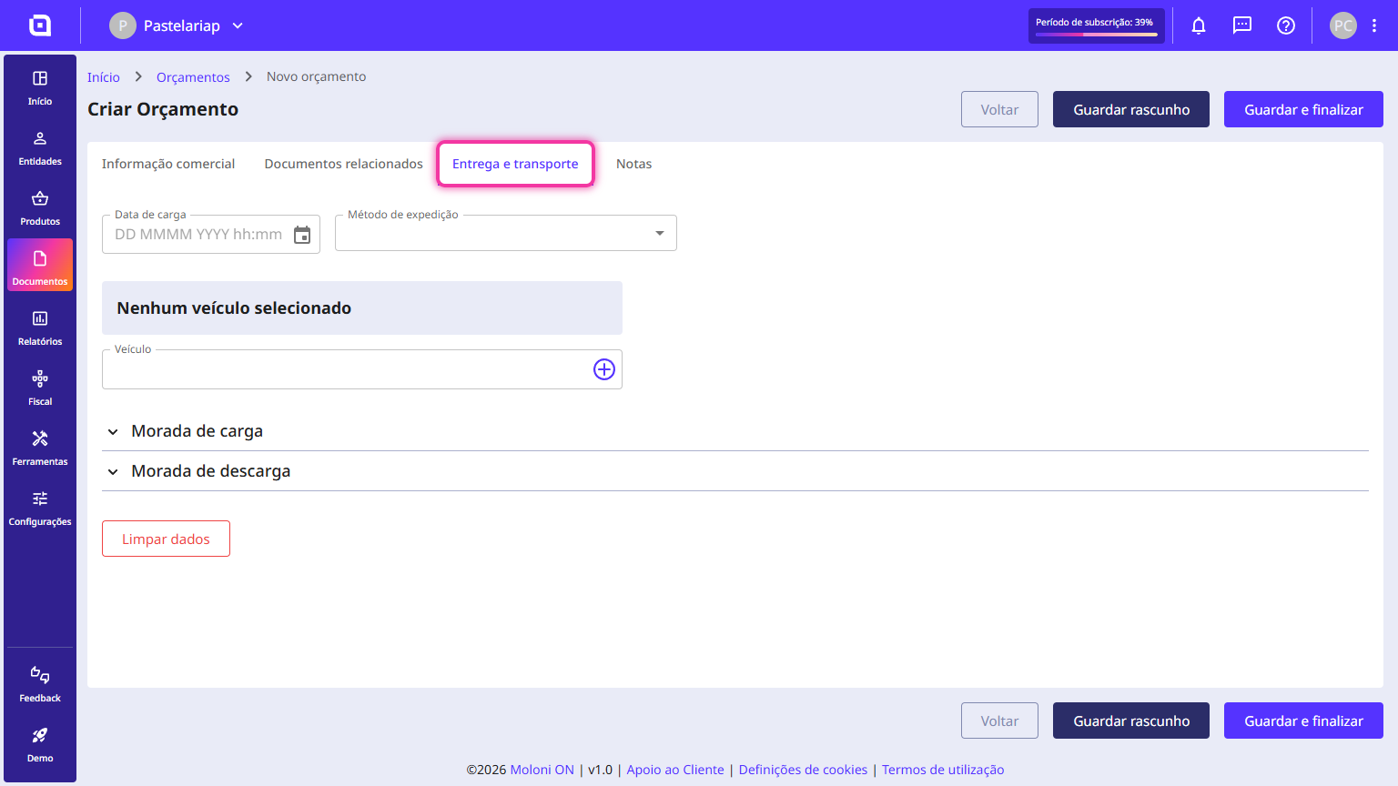 Delivery and transportation tab highlighted, with the logistical data fields.
