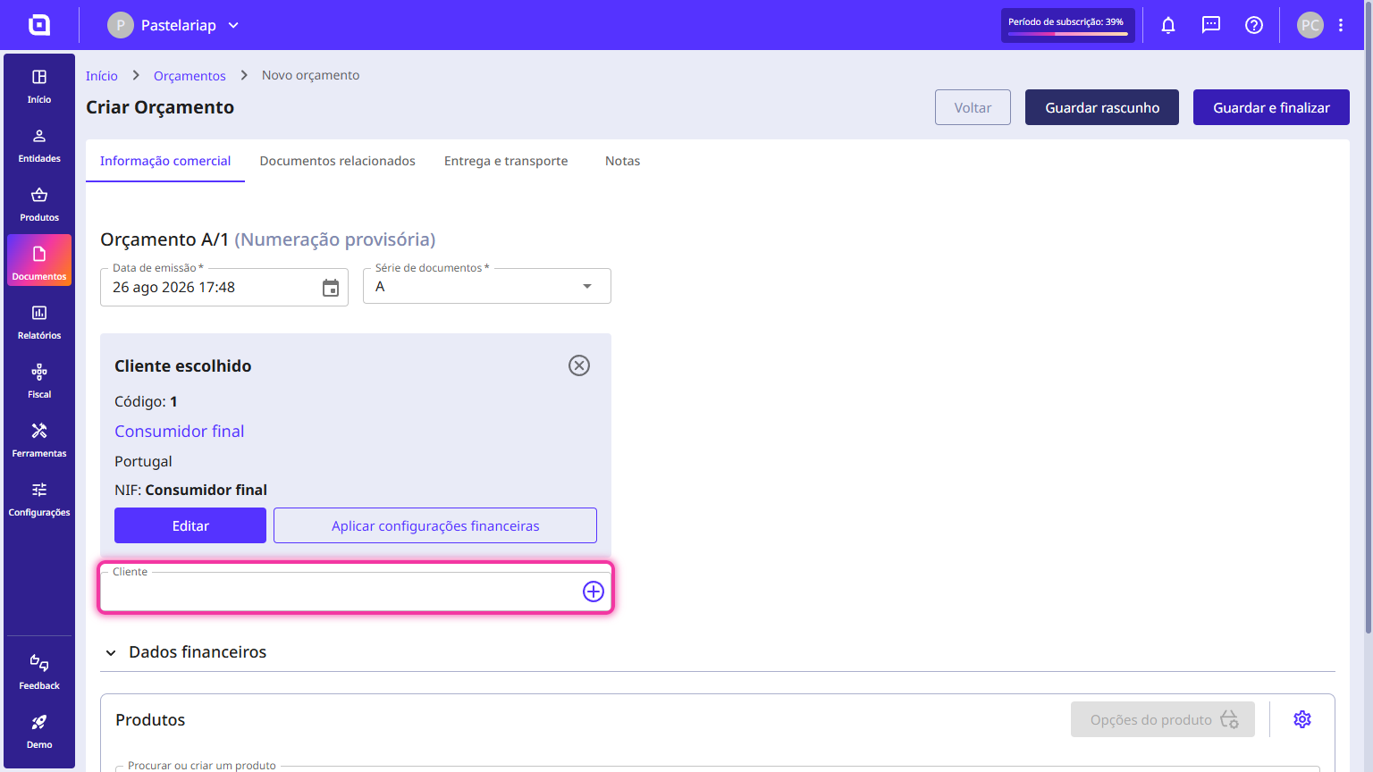 Customer field highlighted, with the plus button to create a new customer.