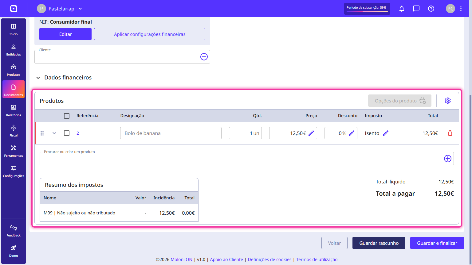 Products section highlighted, with a product line added and the tax summary.