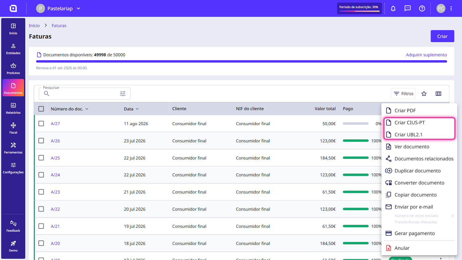 Invoice options menu open, with the Create CIUS-PT and Create UBL2.1 options highlighted