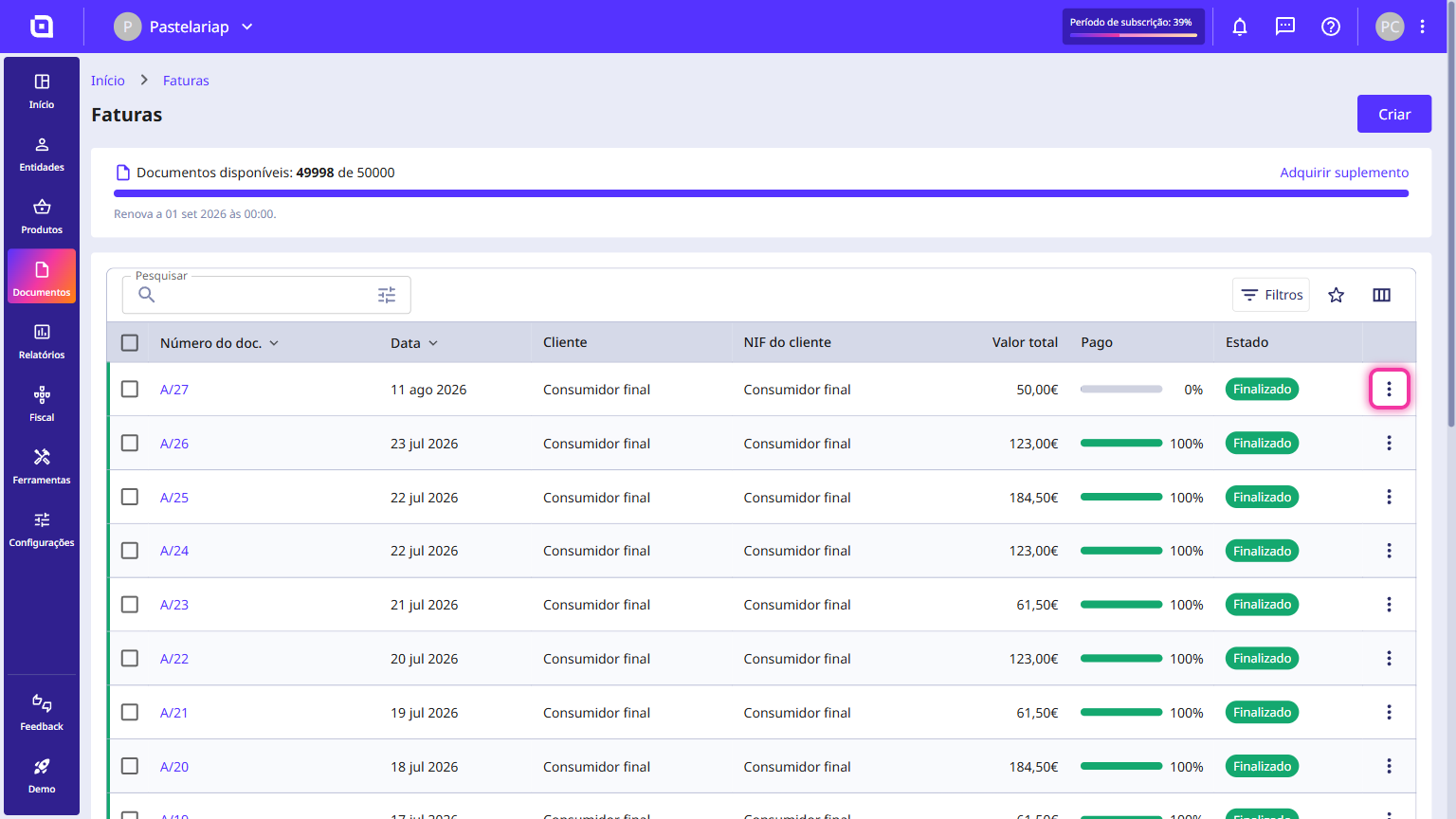 Moloni ON invoice list with the 3 dots button highlighted on the first row